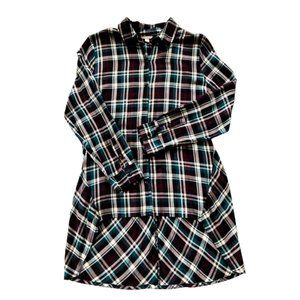 Cato Women's Tunic Shirt Button Up High Low Hem Plaid Teal Maroon Rayon Size L